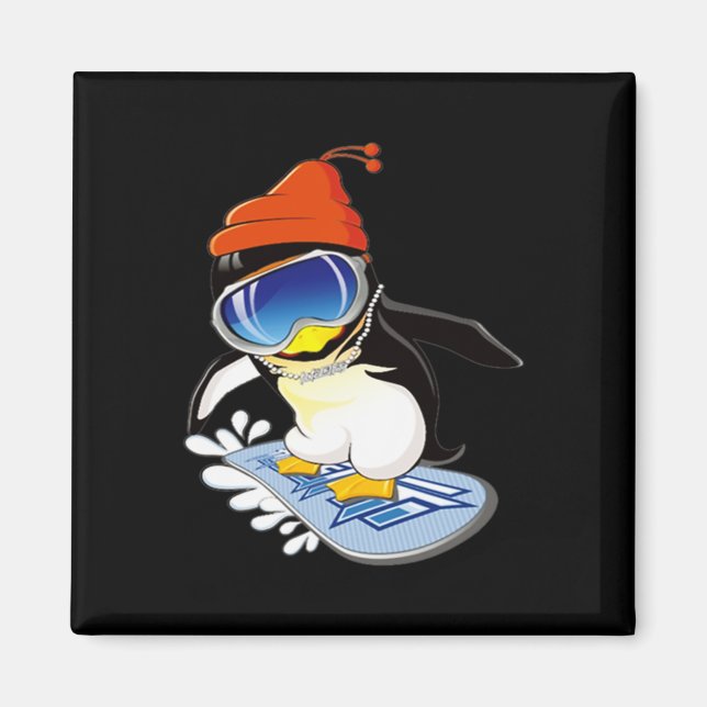 Cute Penguin Snowboarding Surfer Winter Hat Magnet (Framsidan)