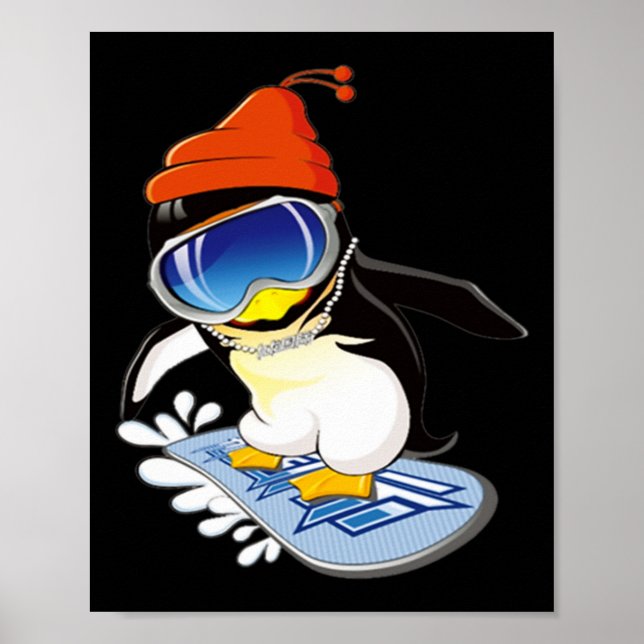 Cute Penguin Snowboarding Surfer Winter Hat Poster (Framsidan)