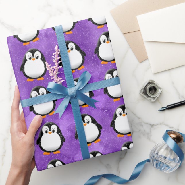 Cute Penguin Tecknad Anpassningsbar Lila Vattenfär Presentpapper (Gifting)
