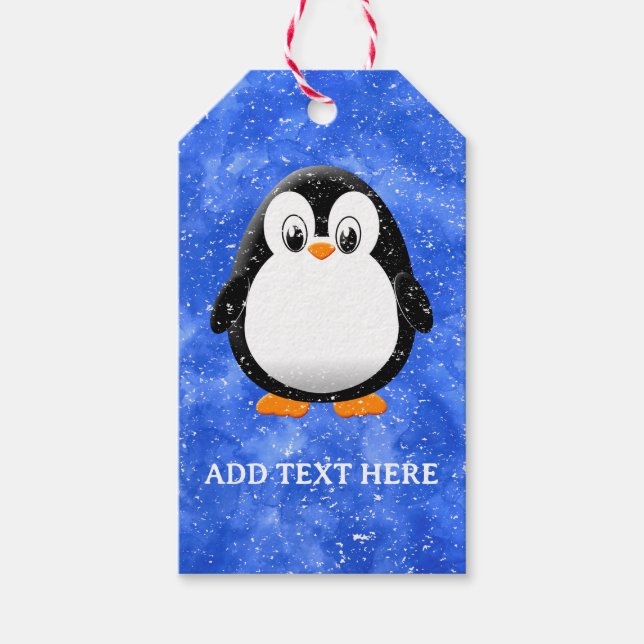 Cute Penguin Tecknad Anpassningsbar Vinterblå vatt Presentetikett (Framsidan)