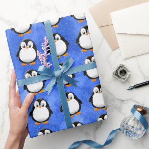Cute Penguin Tecknad Anpassningsbar Vinterblå vatt Presentpapper