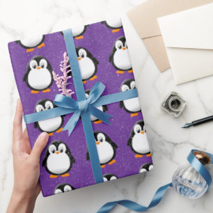 Cute Penguin Tecknad Anpassningsbar Winter Lila Presentpapper