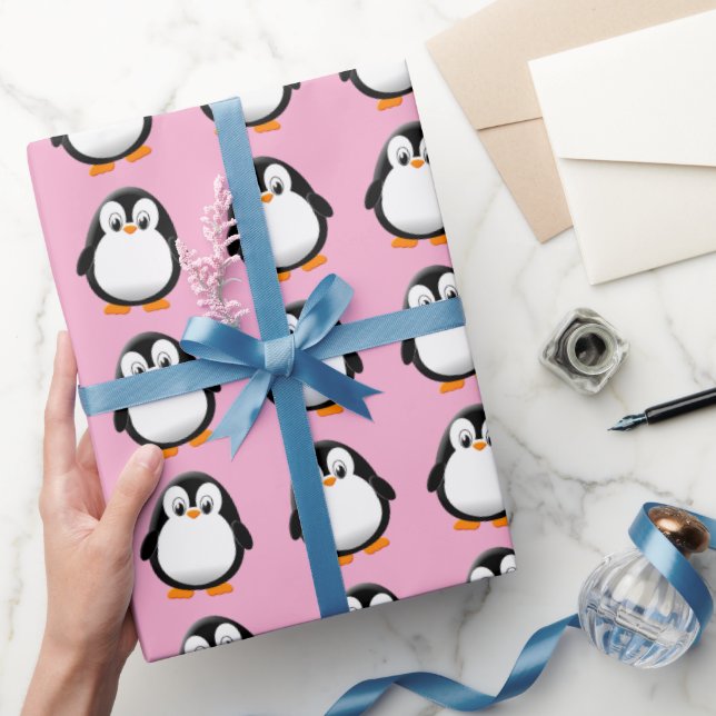 Cute Penguin Tecknad Anpassningsbar Winter Rosa Presentpapper (Gifting)