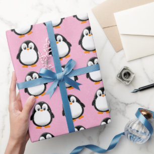 Cute Penguin Tecknad Anpassningsbar Winter Rosa Presentpapper