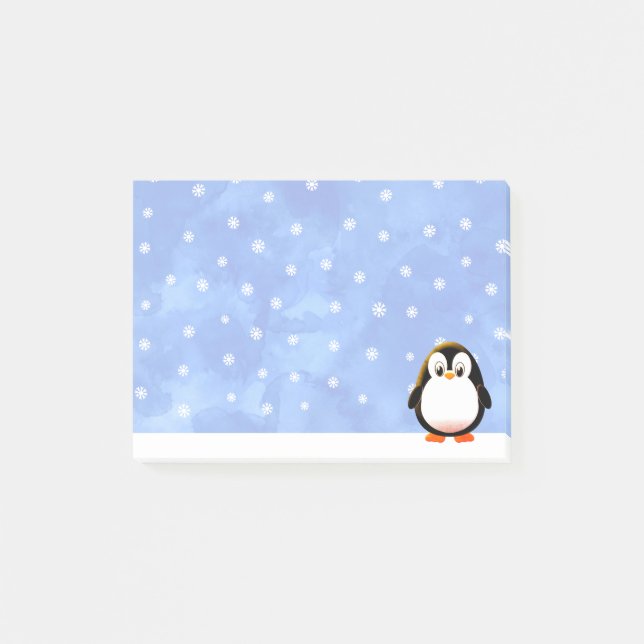 Cute Penguin Tecknad Snö Flakes Vattenfärgning Anp Post-it Block (Framsida)