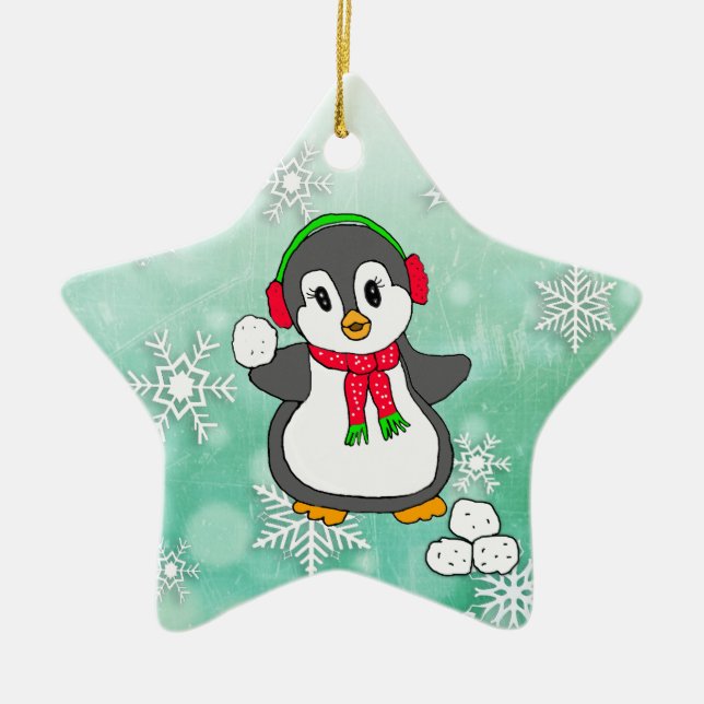Cute Penguin Throwing Snowbolls jul Julgransprydnad Keramik (Framsidan)
