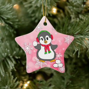 Cute Penguin Throwing Snowbolls jul Julgransprydnad Keramik