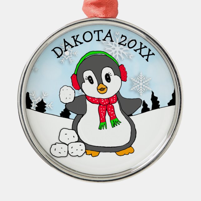 Cute Penguin Throwing Snowbolls jul Julgransprydnad Metall (Framsidan)