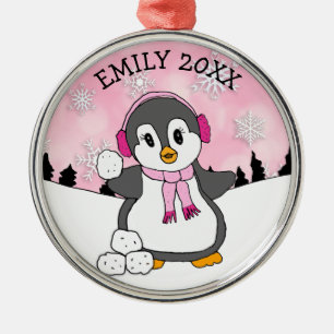 Cute Penguin Throwing Snowbolls jul Julgransprydnad Metall