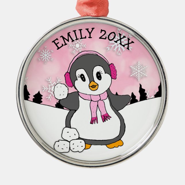 Cute Penguin Throwing Snowbolls jul Julgransprydnad Metall (Framsidan)