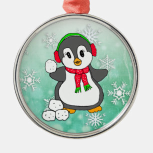Cute Penguin Throwing Snowbolls jul Julgransprydnad Metall