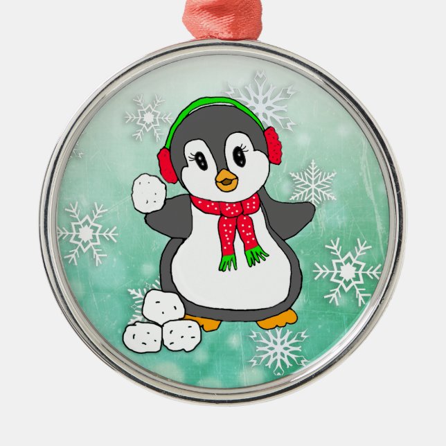 Cute Penguin Throwing Snowbolls jul Julgransprydnad Metall (Framsidan)