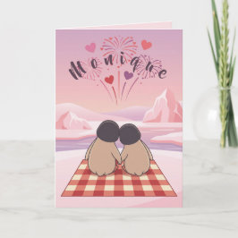 Cute Penguin Valentine Picnic Card for Sweethearts Helgkort