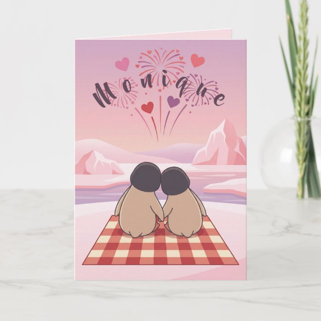 Cute Penguin Valentine Picnic Card for Sweethearts Helgkort (Framsida)