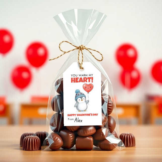 Cute Penguin Valentine “You Warm My Heart” Presentetikett (Cute Penguin Valentine Tag – “You Warm My Heart” Kids Classroom Valentine Gift)