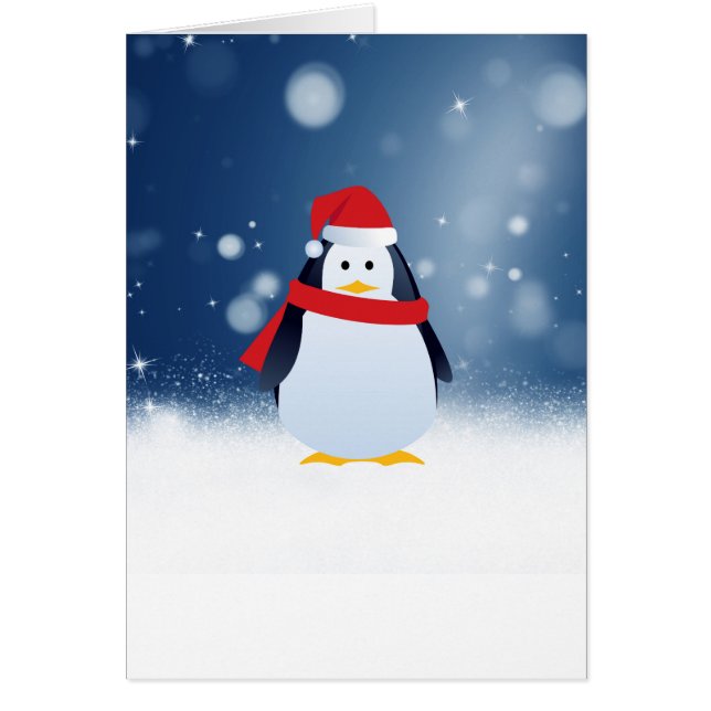 Cute Penguin w Red Santa Hat Snö Stars Hälsningskort (Framsidan)