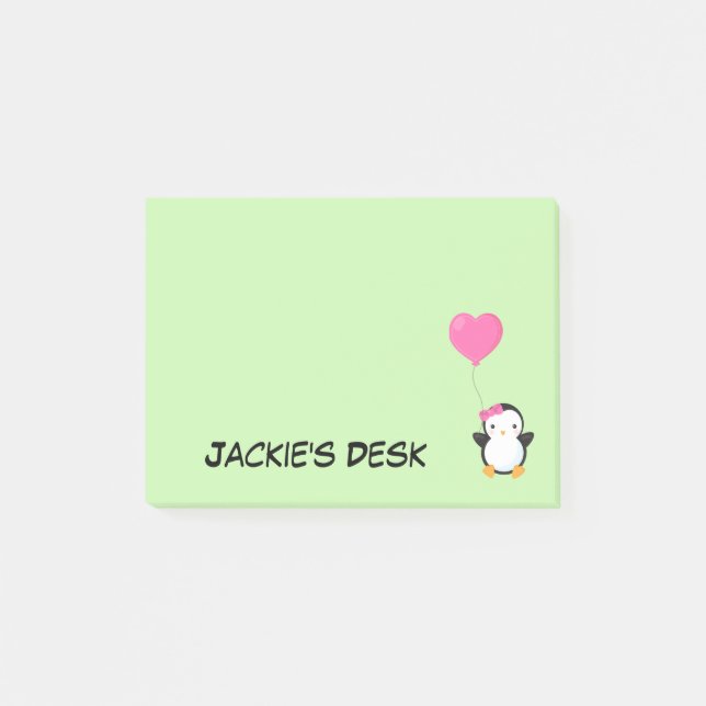 Cute Penguin w/Rosa Bow och Rosa Heart Balloon Post-it Block (Framsida)