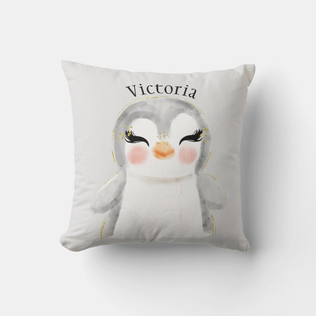 Cute Penguin Watercolor Namn Typography Kudde (Framsida)