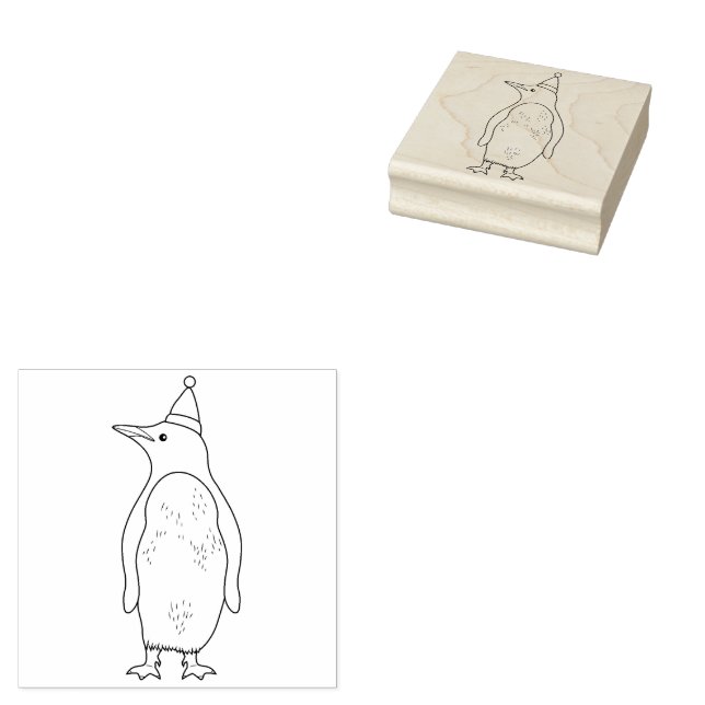 Cute Penguin Wearing A Santa Hat Line Art Stämpel (Stämplad)