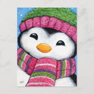 Cute Penguin Wearing Hat och Scarf Postcard Vykort