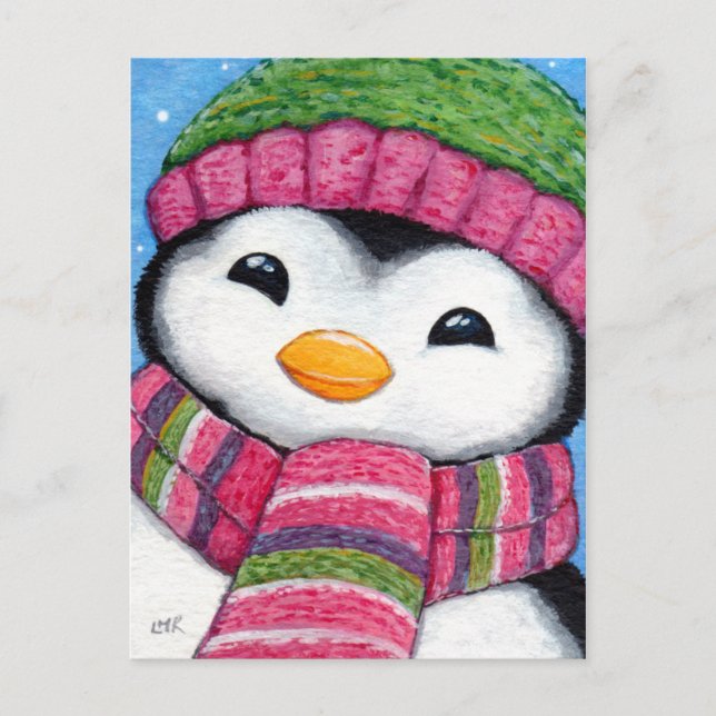 Cute Penguin Wearing Hat och Scarf Postcard Vykort (Framsida)