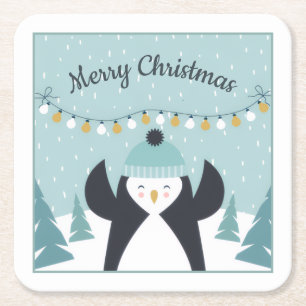 Cute Penguin Winter Art God jul Underlägg Papper Kvadrat