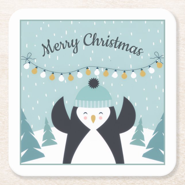 Cute Penguin Winter Art God jul Underlägg Papper Kvadrat (Framsidan)