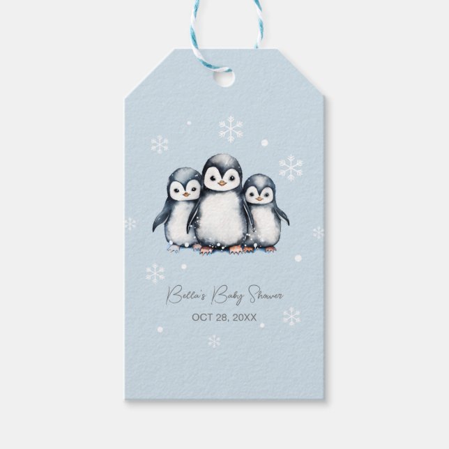 Cute Penguin Winter Baby Shower Presentetikett (Framsidan)