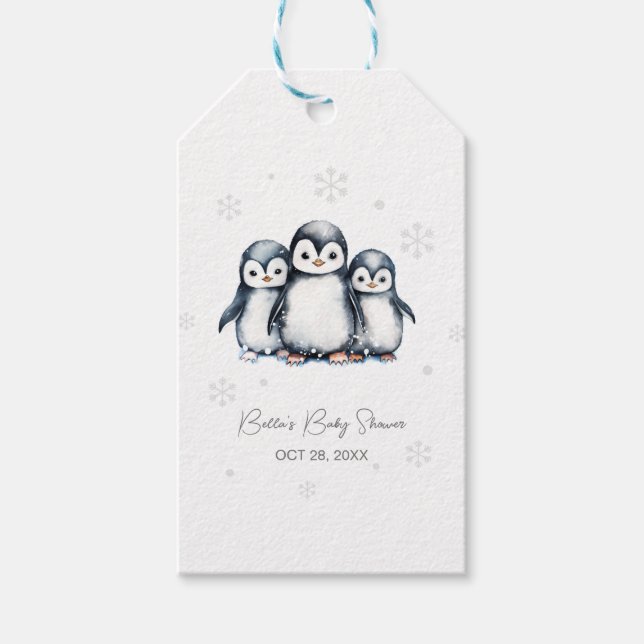 Cute Penguin Winter Baby Shower Presentetikett (Framsidan)