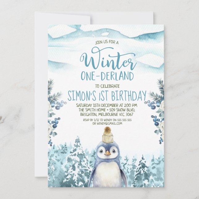 Cute Penguin Winter Onederland Birthday Inbjudningar (Framsida)