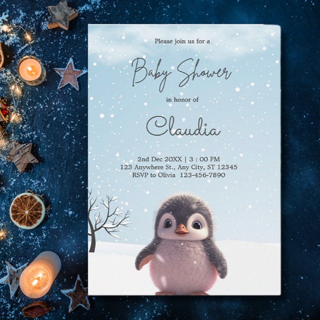 Cute Penguin Winter Snö Baby Shower Watercolor Inbjudningar (Skapare uppladdad)