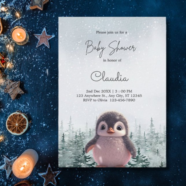 Cute Penguin Winter Snö Baby Shower Watercolor Inbjudningar (Skapare uppladdad)