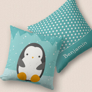 Cute Penguin Winter Tecknad och Namn Blue 2-sidig Kudde