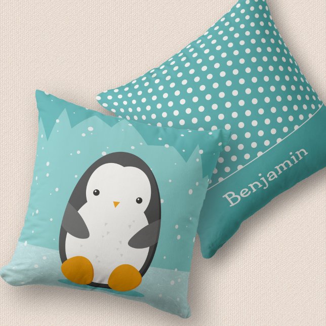 Cute Penguin Winter Tecknad och Namn Blue 2-sidig Kudde (Skapare uppladdad)