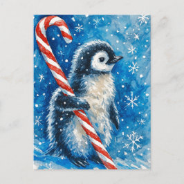 Cute Penguin with Candy Cane Christmas Postcard Helg Vykort