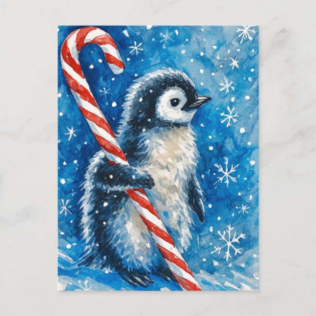 Cute Penguin with Candy Cane Christmas Postcard Helg Vykort (Framsida)