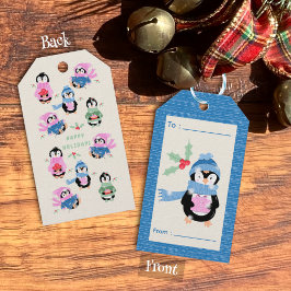 Cute Penguin with Gift Holiday Blue Gift Tag Presentetikett