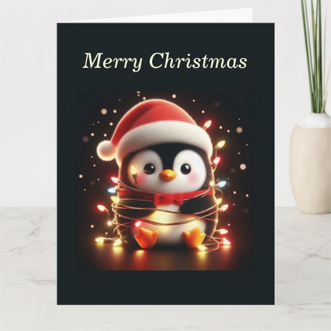 Cute Penguin Wrapped i Ljus under julen Kort (Framsida)