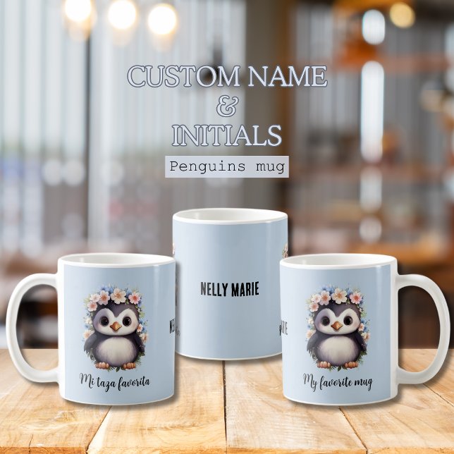 Cute Penguins Bilingual mi taza favorita spansk Kaffemugg (Blue Custom name & initials Penguins mug, bilingual text, mi taza favorita. Multilingual Project)