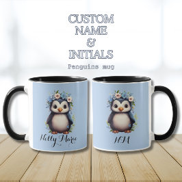 Cute Penguins Blue Custom Name & Initialer Mugg