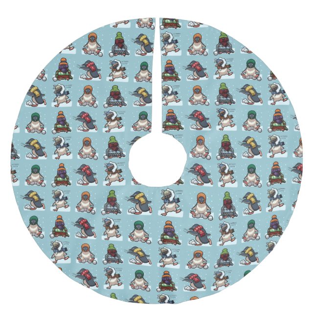 Cute Penguins Christmas Snowball Fight Cartoon Julgransmatta Borstad Polyester (Framsidan)