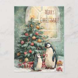Cute penguins decorates Christmas tree, Christmas  Vykort