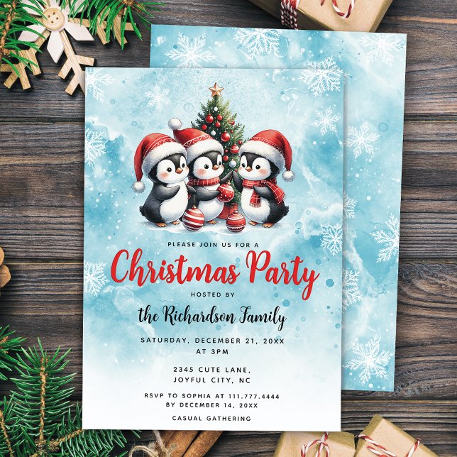 Cute Penguins Festive Blue och Red Jul Party Inbjudningar (Skapare uppladdad)