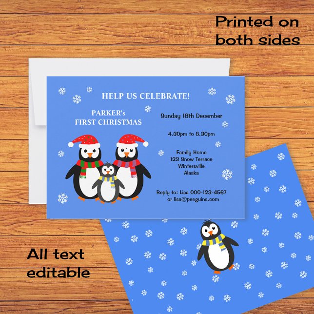 Cute penguins första christmas-partiinbjudan inbjudningar (Skapare uppladdad)