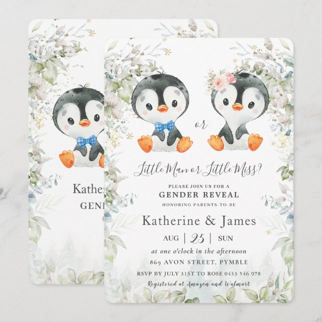 Cute Penguins Greenery Gender Reveal Baby Shower Inbjudningar (Fram/baksida)