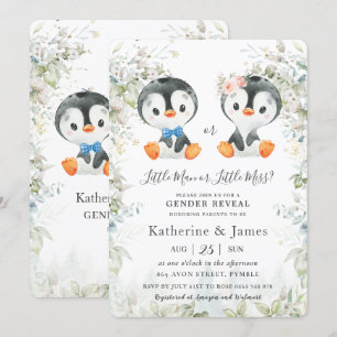 Cute Penguins Greenery Gender Reveal Baby Shower Inbjudningar
