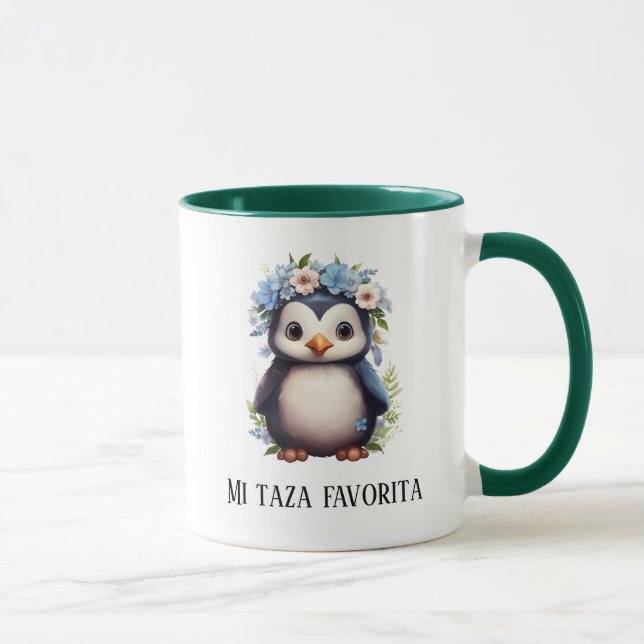 Cute Penguins Grönt Anpassningsbar Bilingual Text Mugg (Höger)