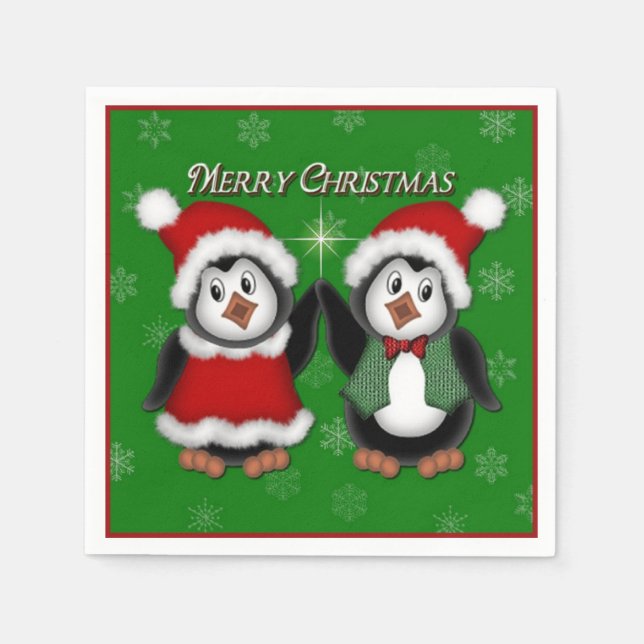 Cute Penguins Grönt God jul Napkins Pappersservett (Framsidan)