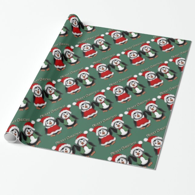 Cute Penguins Grönt God jul Wrapping Papper Presentpapper (Utrullad)