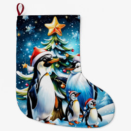 Cute penguins i en helig tecknad stil. stor julstrumpa